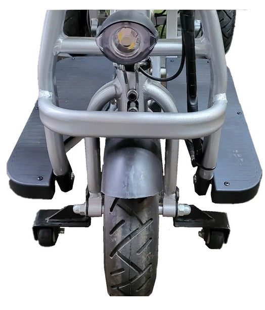The scooter's front light and stabiliser arms seen from the front