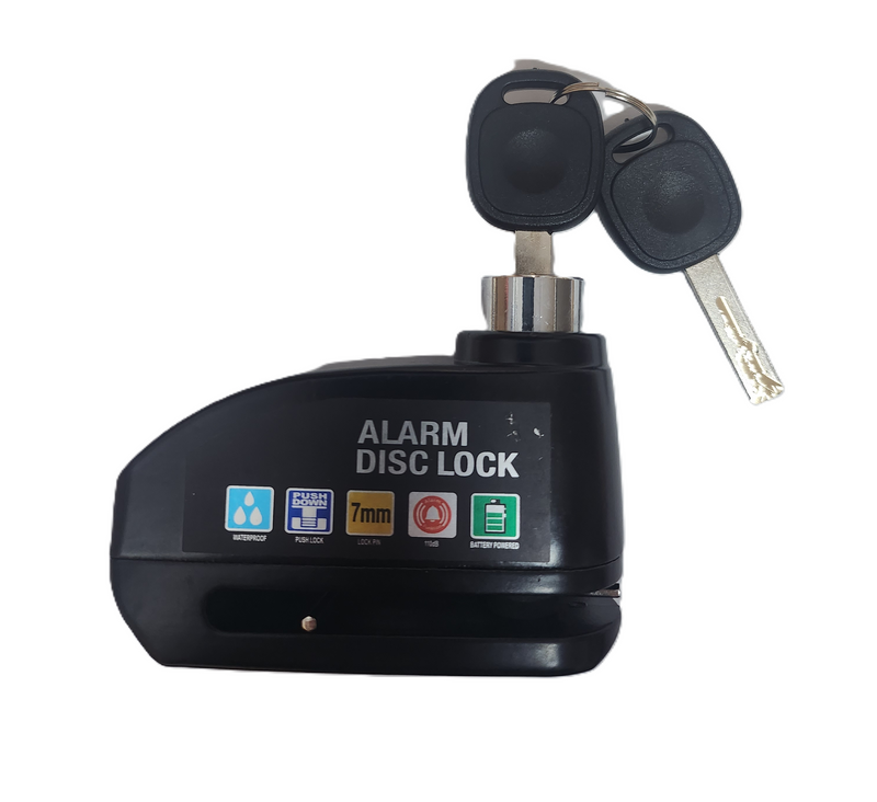 The disc brake alarm with its two keys, showing the waterproof and battery-powered markings