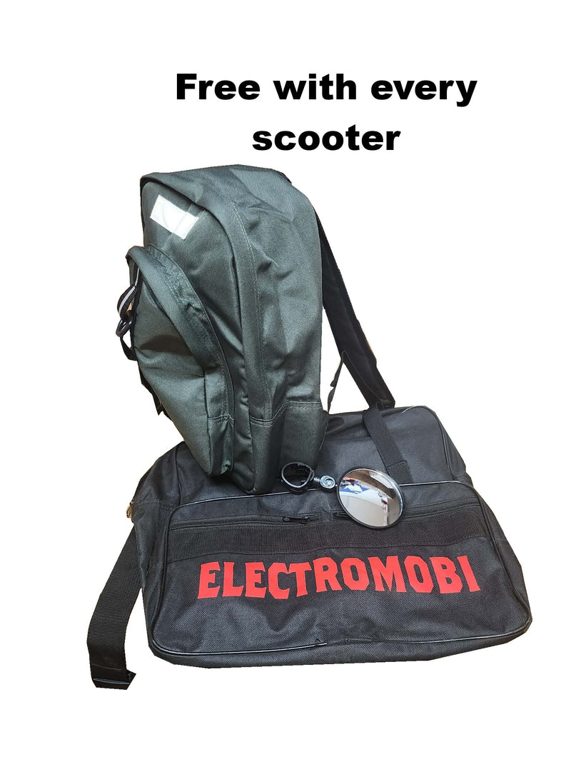 The shoulder bag, backpack and rear-view mirror supplied free with every scooter
