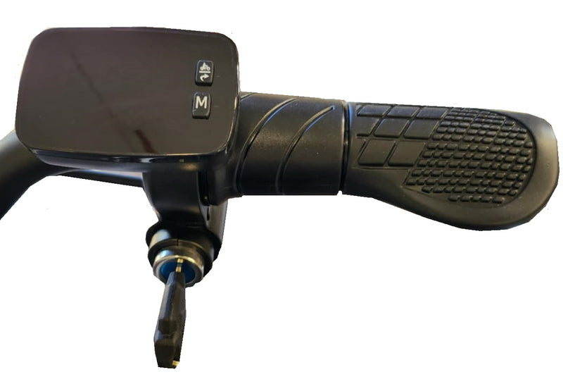 Close-up of the scooter's right-hand grip, twist throttle and speed-setting display