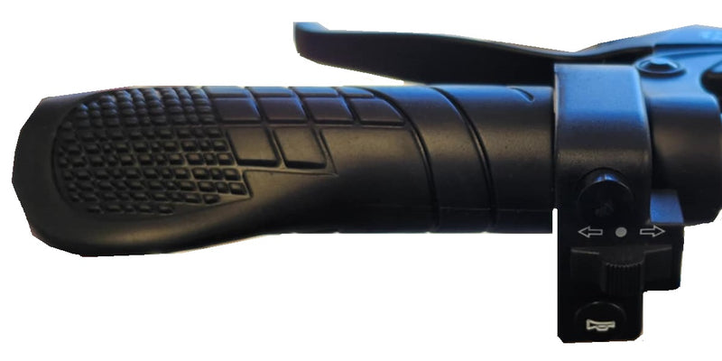Close-up of the scooter's left grip, showing the forward and reverse switch