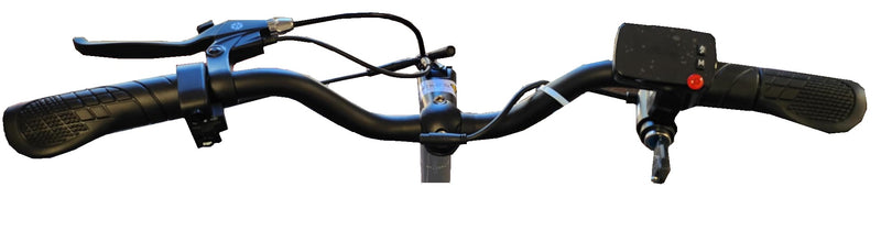 The scooter's handlebars, with brake levers and the control display on the right