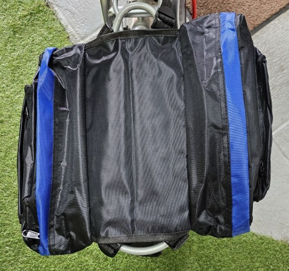 The double pannier seen from above with the top flap open, showing both side compartments