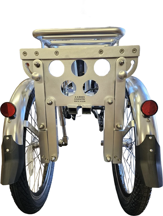 The tricycle folded from behind with its rear wheels tucked in