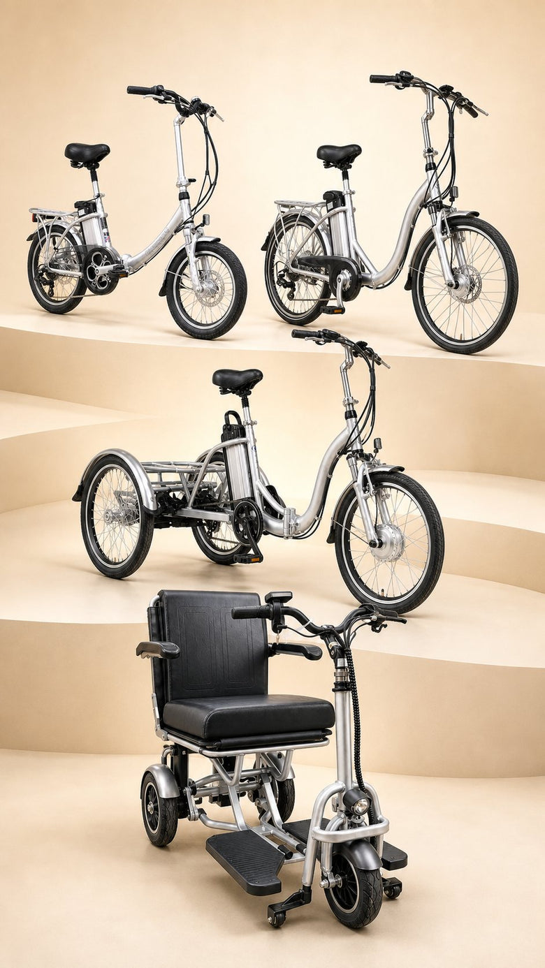 The AS Bikes range: two folding electric bikes, the folding tricycle and the folding mobility scooter