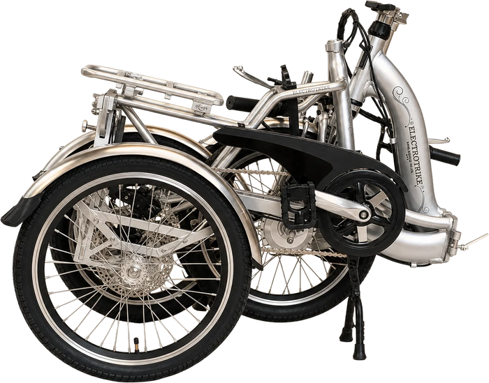 The tricycle fully folded into one compact unit